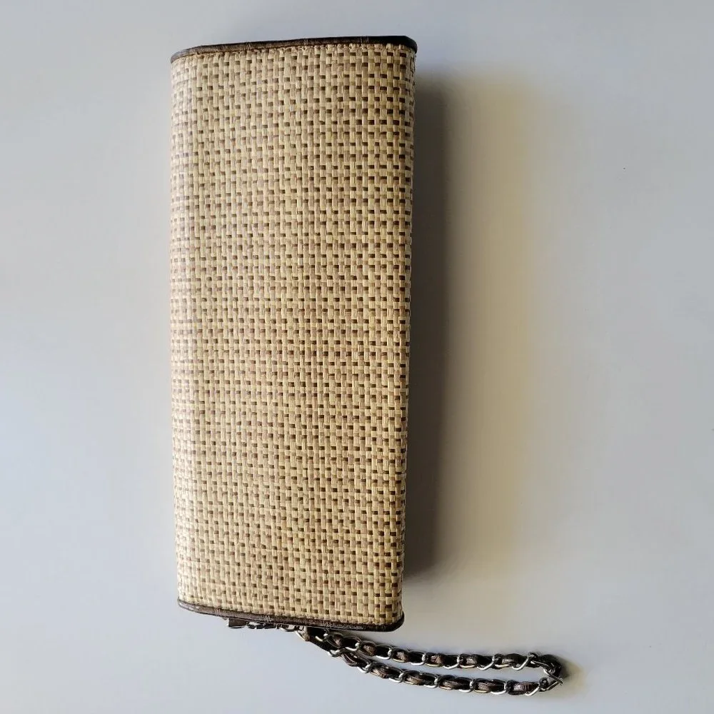 Womens Woven Straw Clutch Purse Beige Neutral Coin Wristlet Wallet Bow Handbag - Picture 4 of 6